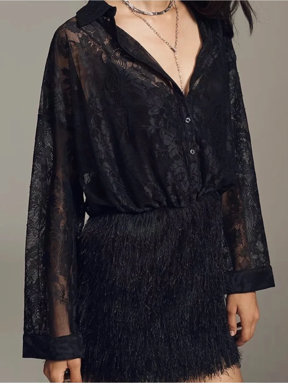 Anthropologie Maeve Black twofer Sheer Lace Blouse & Textured Fringe dress - Picture 3 of 11